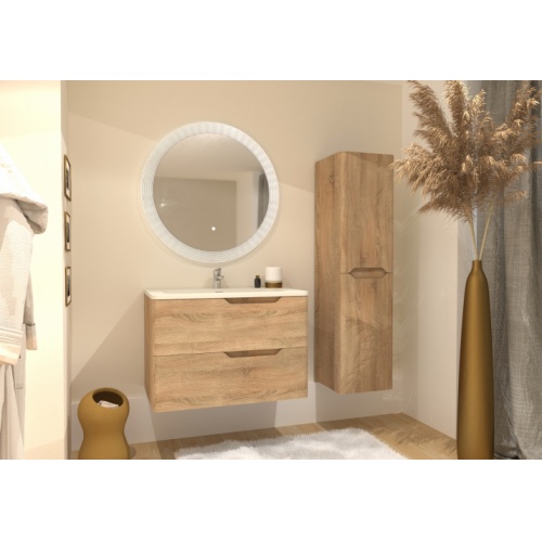 Meuble vasque LUNA Bois Clair 80cm avec miroir rond Perle